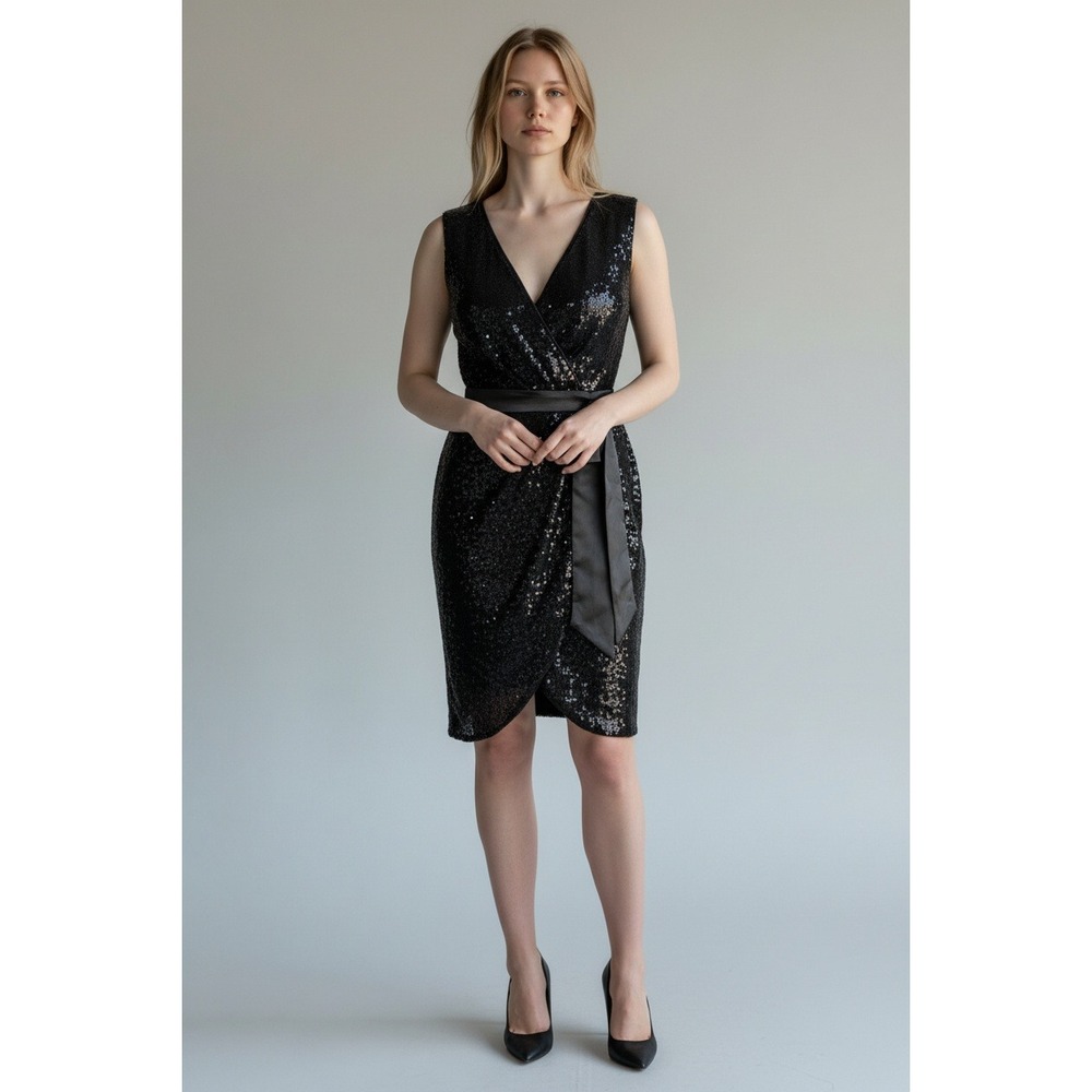 TFNC London‎ Dress Black Sequin Faux Wrap Glam Cocktail Size 4 (US) Elegant Chic